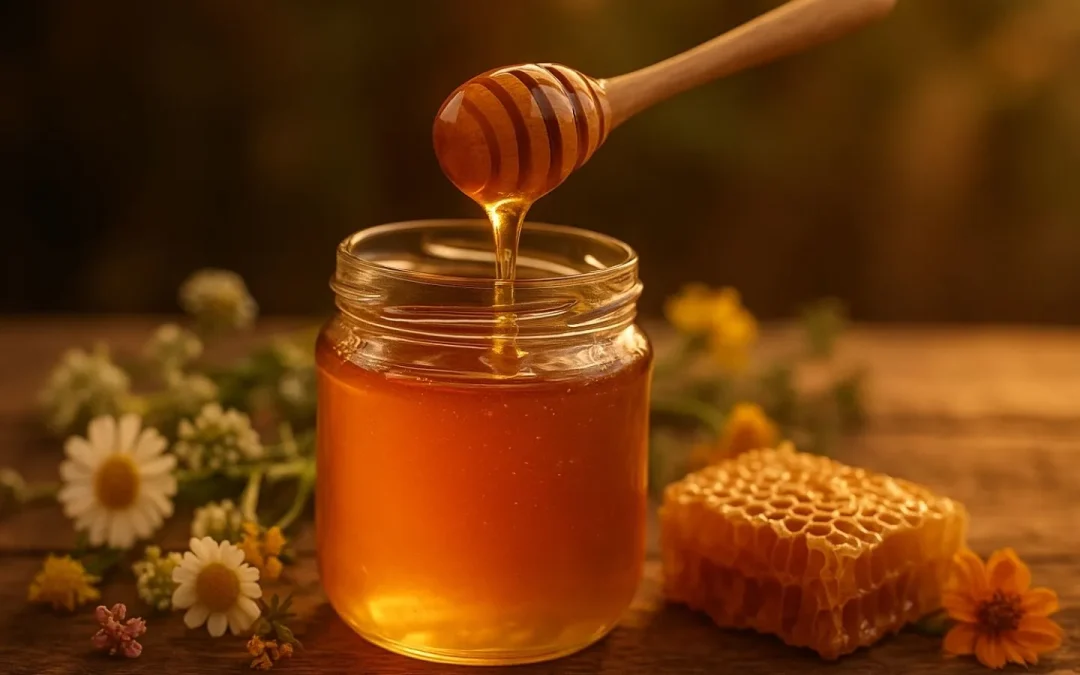 Cómo saber si una miel es pura: Un tarro de miel artesanal abierto sobre una mesa rústica de madera, con una cuchara rebosante de miel fluyendo lentamente, rodeado de flores silvestres y panal natural. Fondo suave y desenfocado con luz cálida al atardecer. Sin marcas ni etiquetas visibles. Escena atractiva y natural que evoque pureza y autenticidad.